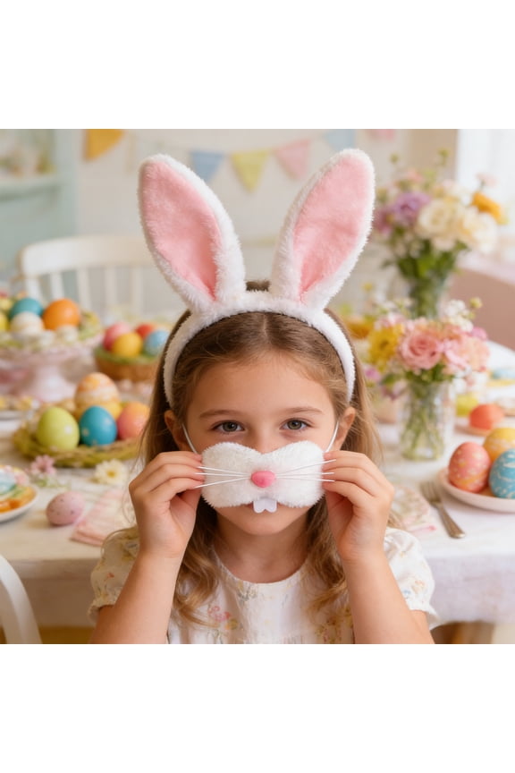 Easter Face Mask - Polyester Bunny Face Covering, Holiday Easter Bunny Mask, Reusable White for Spring Party/Decor (5.5x3.1in, 0.07lb) Easter Face Mask - Polyester Bunny Face Cover