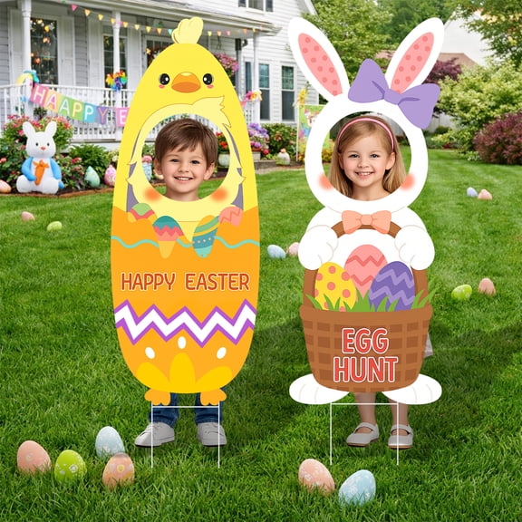 YIBAGA Easter Outdoor Decor 2Pcs, 32in Large Easter Yard Sign Bunny & Chick Lawn Sign with Stakes, Happy Easter Egg Hunt Yard Party Decor