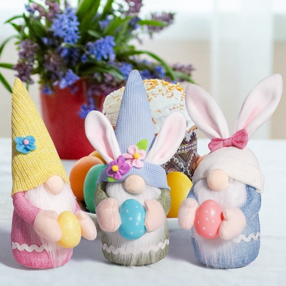 Easter Faceless Doll Decoration, Dwarf Rudolf Figurine with Bunny Holding Eggs for Easter Decor, Gift Giving, Holiday Display, Blue, 1 Pc