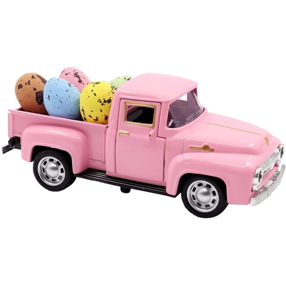 Easter Farm Pickup Truck Decor with Eggs, Mini Vintage Metal Diecast Farmhouse Pickup Happy Spring Farm Tiered Tray Decorations for Home Kitchen Table(RL Pink 1 PC)
