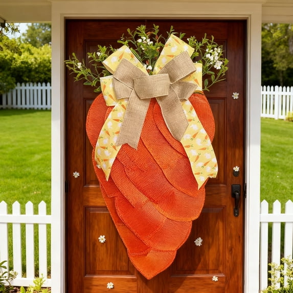 Easter Farmhouse Carrot Sign Wreath - Front Door Wall Hanging Decoration, Rustic Easter Wreath with Carrot Plaque, Spring Festive Scene Arrangement Prop for Home Porch Entryway Decor, 12*17in, Orange