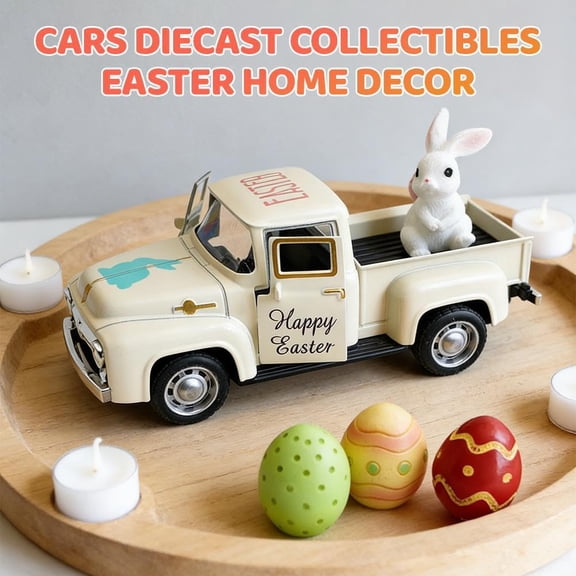 Easter Farmhouse Metal Truck with Bunny & Eggs, Vintage Diecast Pickup Decor, Spring Tiered Tray Accessory, Farm-Style Home Kitchen Office Keepsake (1 Piece)