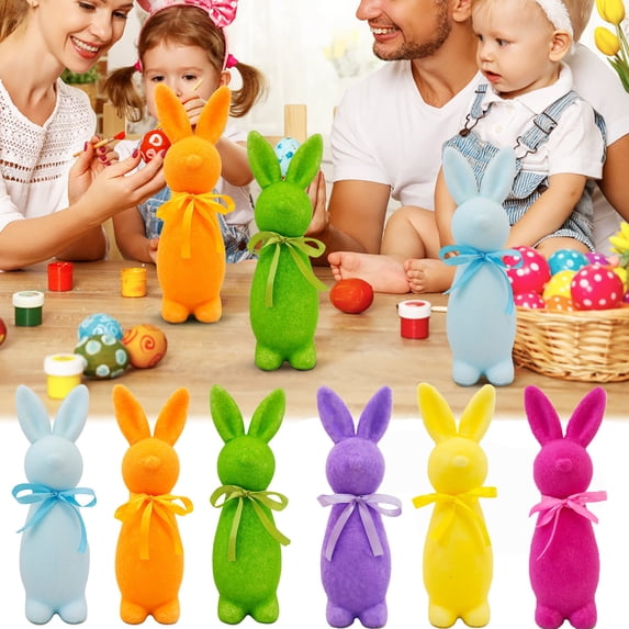 Easter Faux Flocked Bunny with Bow Figurine - High-End Simulation Knot Rabbit Decor for Home, Garden & Courtyard - Festive Spring Easter Decoration, 9.64*2.75in, Pink