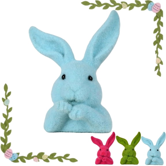 Easter Faux Moss Flocking Rabbits Head Figurine, Pink Bunny Sculpture Garden Decoration Holiday Decorations Party Favors Table And Home Decoration,Blue