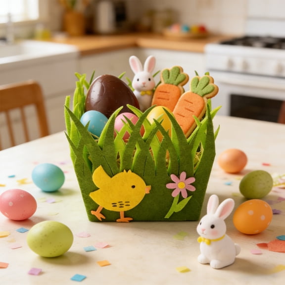 Easter Felt Candy Basket, Reusable Easter Gift Bag for Eggs, Candy & Toys, Cute Bunny and Chick Decorative Storage Basket for Easter Parties & Holiday Gifts