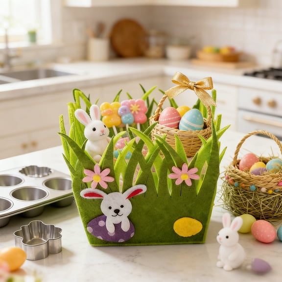 Easter Felt Candy Basket, Reusable Easter Gift Bag for Eggs, Candy & Toys, Cute Bunny and Chick Decorative Storage Basket for Easter Parties & Holiday Gifts
