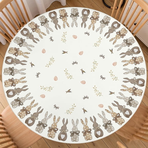 Easter Fitted Round Tablecloth Best for 40"-44" Cute Bunny Table Cloth Spring Elastic Edge Washable Farmhouse Rustic Brown Rabbit Carrots Table Cover for Party Picnic Indoor Decor