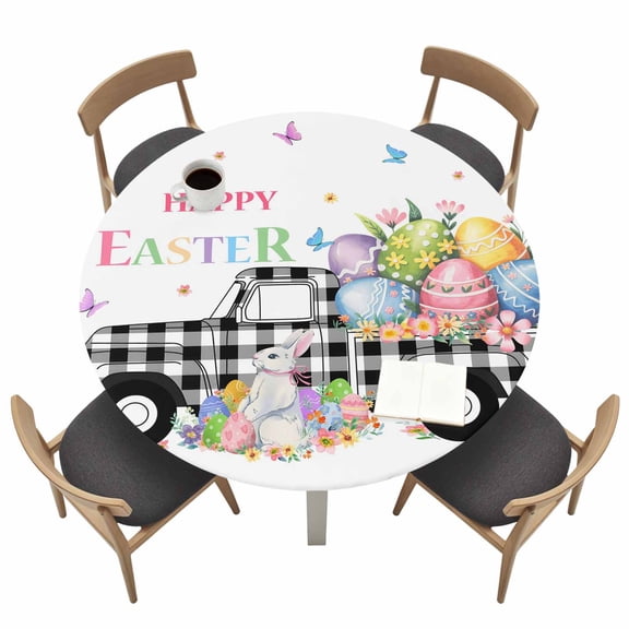 Easter Fitted Tablecloth with Elastic Edged, Round Table Cloth for Dining Table, Black White Truck Colorful Eggs Bunny Waterproof Oil Proof Table Cover for Indoor Outdoor 45"-54"