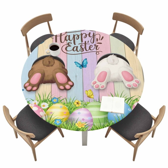 Easter Fitted Tablecloth with Elastic Edged, Round Table Cloth for Dining Table, Spring Easter Eggs Bunny Colorful Wooden Grain Waterproof Oil Proof Table Cover for Indoor Outdoor 36"-44"
