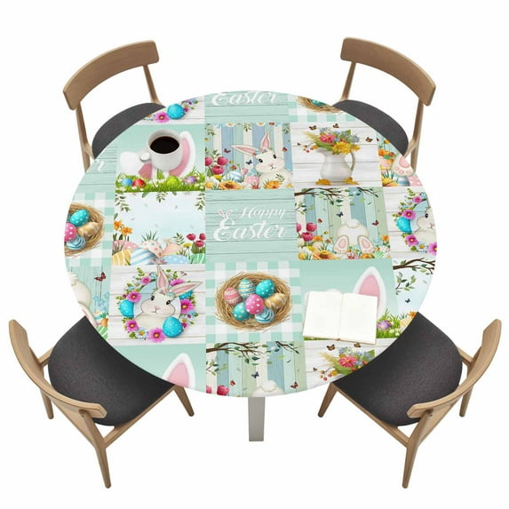 Easter Fitted Tablecloth with Elastic Edged, Round Table Cloth for Dining Table, Spring Watercolor Eggs Farmhouse Gnomes Wooden Grain Waterproof Oil Proof Table Cover for Indoor Outdoor 36"-44"