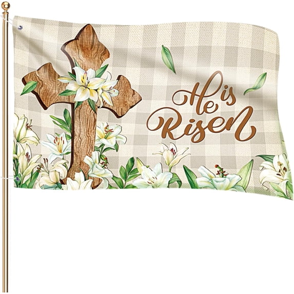 Easter Flag He Is Risen Flag with Rope Easter Decorations Double Sided Religious Cross Flag with Grommets Easter House Flag Banner Backdrop for Spring Outdoor Indoor House Garden