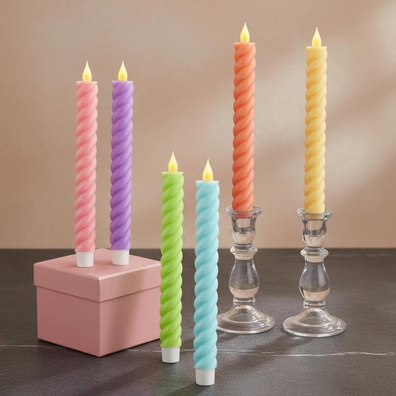 Easter Flameless Taper Candle Pastel Spring Twisted LED Taper Spiral Tall Candlestick Battery Operated Twisted Candles for Tea Party Easter Birthday Home Dinner Table Decor