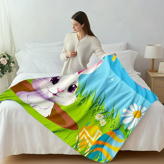 Easter Flannel Blanket Soft Sofa Throw Holiday Decor Bunny Egg Pattern Gift - Home Decoration Seasonal Gift Cozy Comfort All Year Use(Blue)