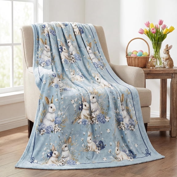 Easter Throw Blanket with Hydrangea Bunny, Soft Flannel Easter Blanket for Adults, Spring Floral Rabbit Fuzzy Cozy Blankets for Couch Sofa, 50x60 Inch
