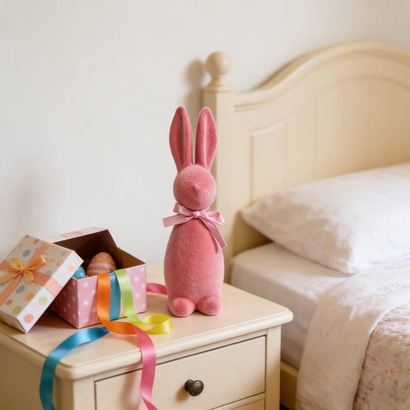 Easter Flocked Bow Standing Bunny Figurine - Soft Plush Coating, Adorable Bow Design, Festive Decoration for Home Tabletop Easter Holiday Party, Pink, M