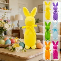 Easter Flocked Bow Standing Bunny Figurine - Soft Simulated Plush Rabbit Ornament, Spring Home Decor for Mantel/Tabletop/Party, Adorable Easter Decoration for Indoor Outdoor Use, 9*3in, Orange