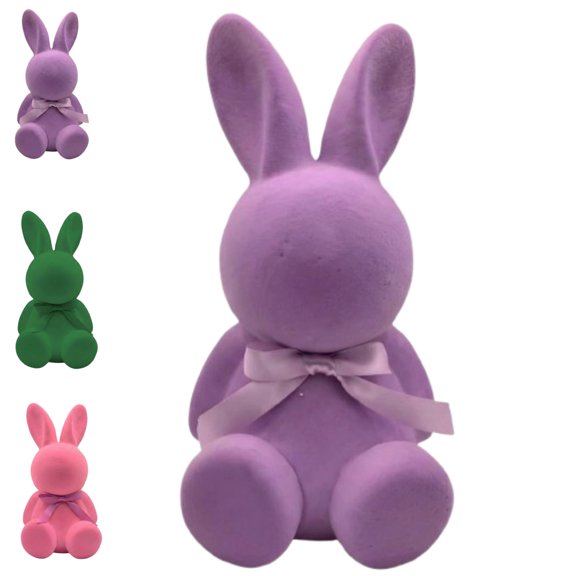 Easter Flocked Bunnies, 2026 Flocking Rabbit Figurines with Bow Ties, Adorable Spring Tabletop Ornaments for Home, Garden Decor, Bunnies Decoration for Easter Celebration,Purple
