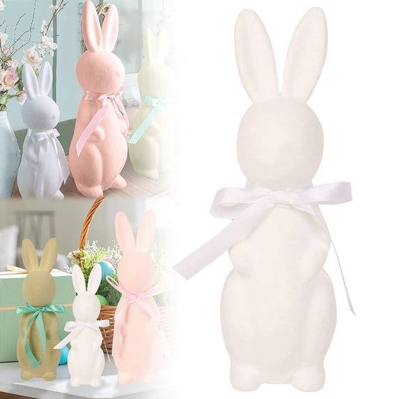 Easter Flocked Bunnies White, Adorable Spring Rabbit Figurines with Bow ...