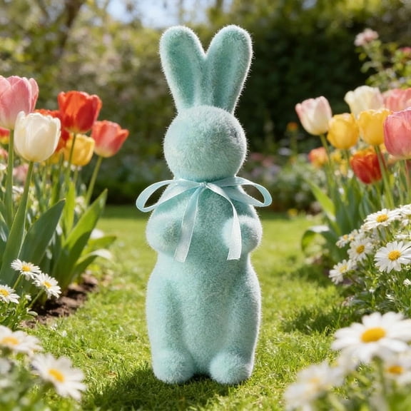 Easter Flocked Bunny Decor – Bow-Tie Adorned Rabbit Decor, Perfect Table Centerpiece for Home & Office Holiday Styling（Blue 1 PCS）