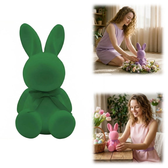 Easter Flocked Bunny Decor, Cute Plush Rabbit Ornament with Satin Bow, Vibrant Colors for Spring Table Centerpieces, Easter Egg Hunts & Gift Giving