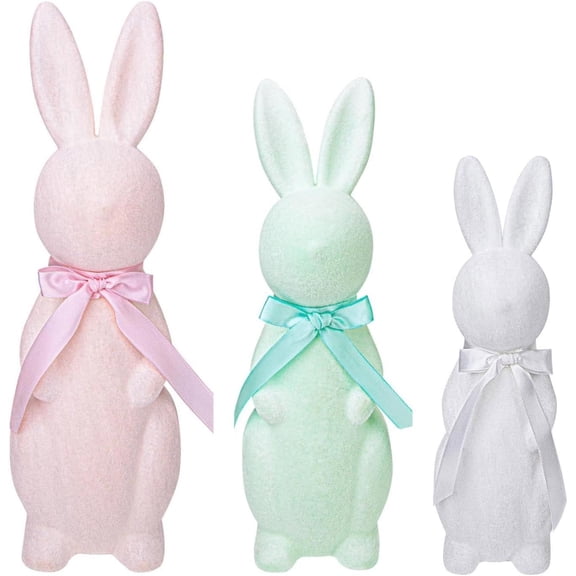 Easter Flocked Bunny Decorations - 3 Pack Pastel Flocked Bow-Tied Bunny Set - Spring Table Centerpieces for Indoor Decor - Easter Bunny Figurines Decoration for Home Party office