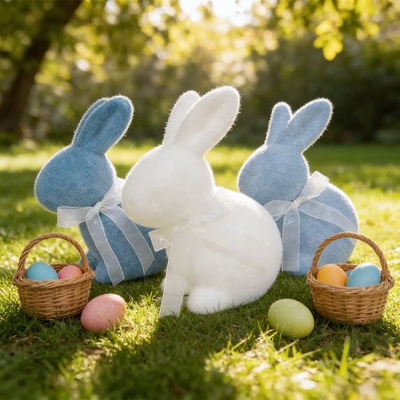 Easter Flocked Bunny Figurine with Bow, Realistic Fuzzy Rabbit Statue, Adorable Easter Bunny Decor Home Tabletop Decor, Soft Easter Decor for Cozy Farmhouse Mantel and Shelf Display, 7*8.6in, White