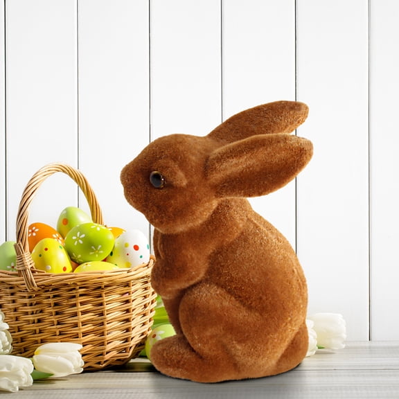 Easter Flocked Bunny Figurine Decoration – Standing Grass Moss Bunny Ornament for Home Tabletop Garden and Spring Decor