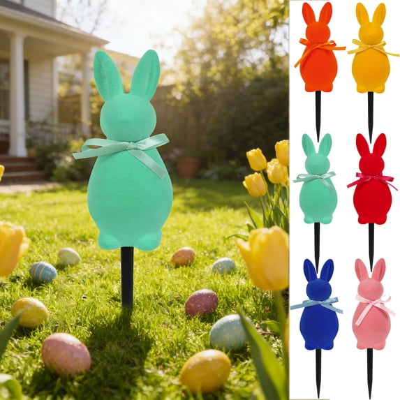 Easter Flocked Bunny with Bow Decorations Easter Bunny Garden Stakes for Easter Themed Party Outdoor Decorations for Spring, 9.45"x 2.7"