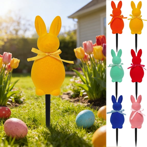 Easter Flocked Bunny with Bow Decorations Easter Bunny Garden Stakes for Easter Themed Party Outdoor Decorations for Spring, 9.45"x 2.7"