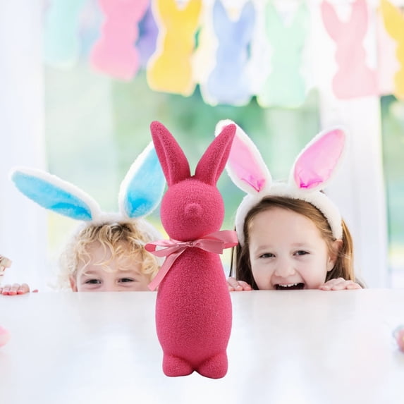 Easter Flocked Bunny with Bow Shiny Rabbits Tabletop Ornament for Easter Indoor Tabletop Decor and Outdoor Garden Courtyard Decoration 23cm/9in