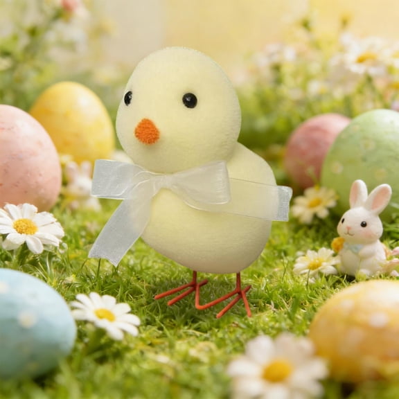 Easter Flocked Chicks Decorations, Cute Fuzzy Chick Ornaments with Ribbons for Spring, Easter Egg Hunt & Home Decor