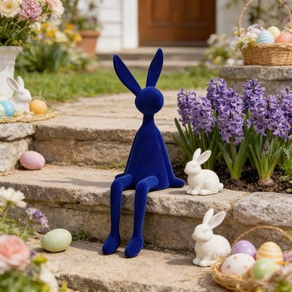 Easter Flocked Resin Bunny Figurine Decoration, 15", Blue(C)