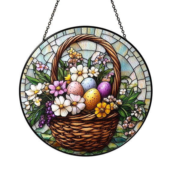 Easter Floral Basket Glass Suncatcher Round Window Hanging, Festive Spring Decor Gift for Family
