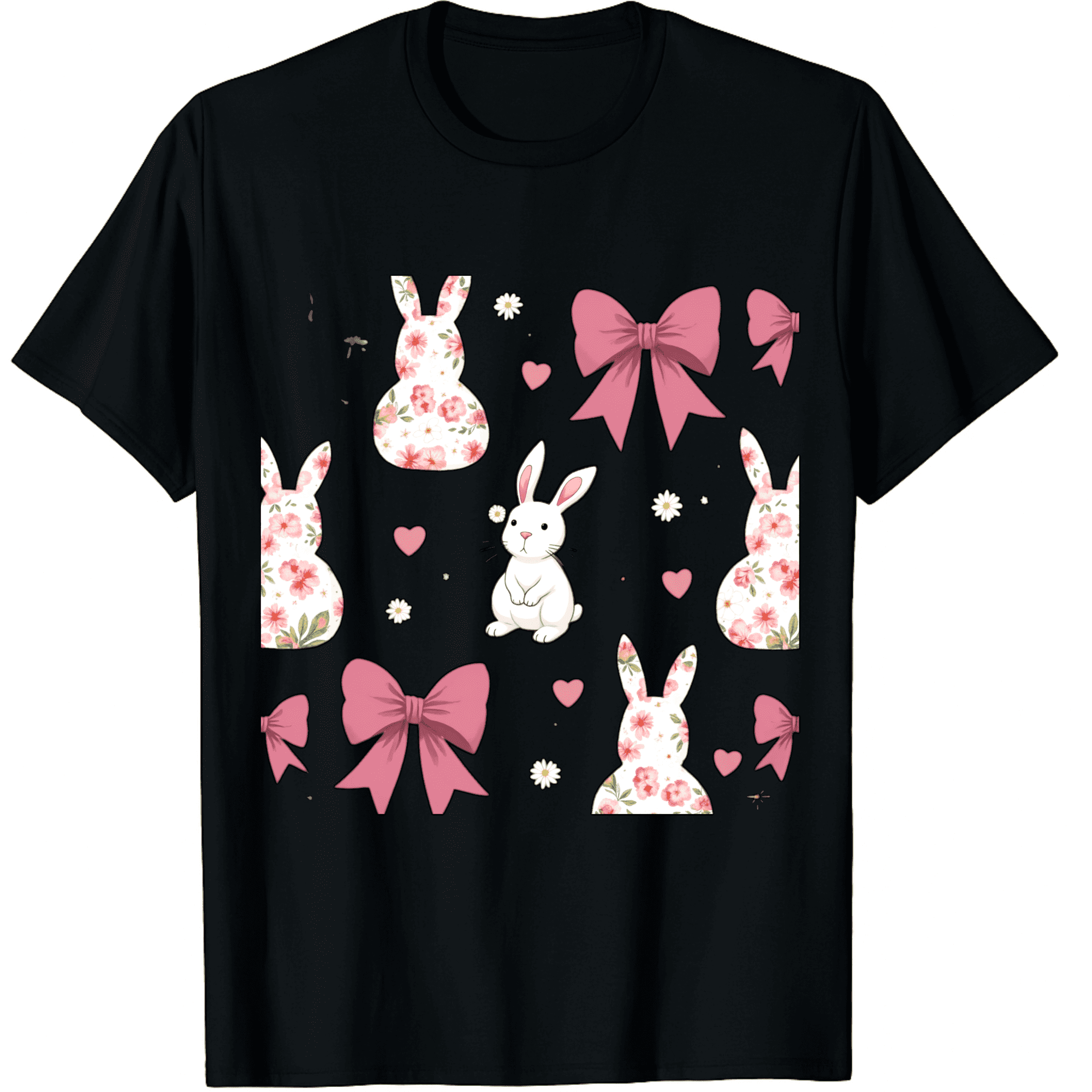 Easter Floral Bunnies Pink Bows Daisies Hearts Pattern Short Sleeve T ...