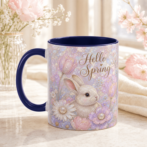 Easter Floral Bunny Mug Hello Spring Pastel Coffee Cup