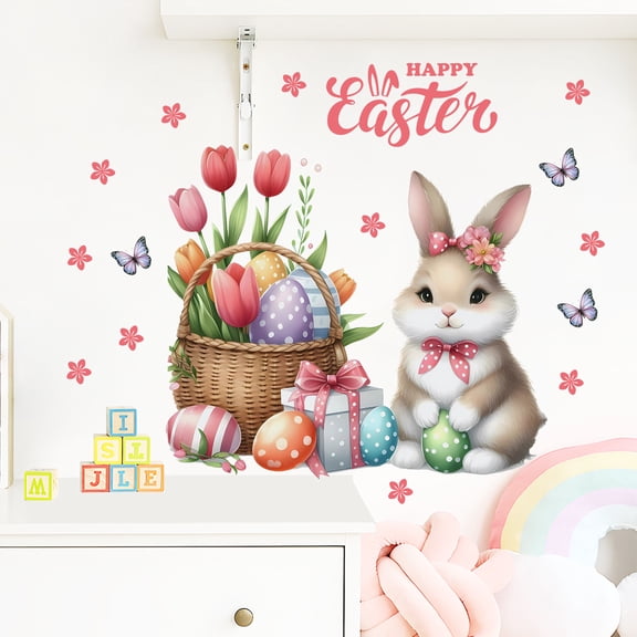 Easter Floral Egg Wall Decals Bunny Stickers Removable Spring Holiday Decor for Living Room Bedroom Children's Room