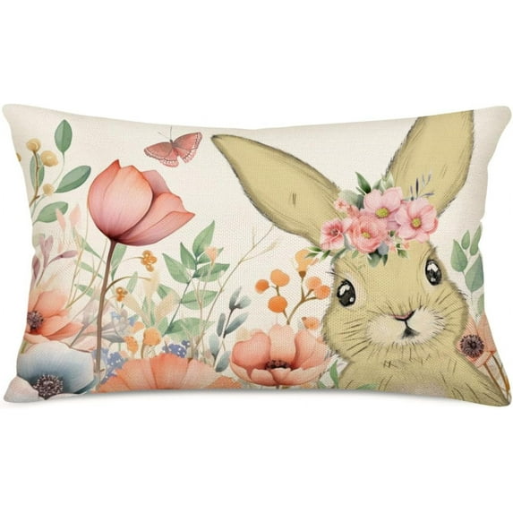 Easter Floral Garland Bunny Pillow Covers12 x 20 Inch Spring Rabbit Butterfly Floral Leaves Farmhouse Holiday Cushion Case Decoration for Sofa Couch