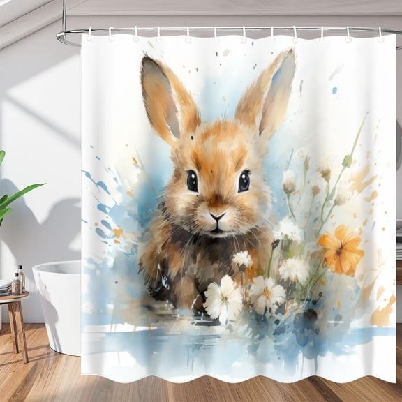 Easter Floral Rabbit Shower Curtain, Waterproof Fabric Shower Curtain, Washable Polyester Bath Curtain for Bathroom Decor 36"W X 72"H