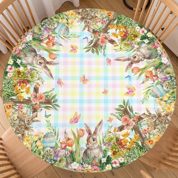 Easter Floral Round Fitted Tablecloth Best for 40"-44" Eggs Bunny Table Cloth Rabbit Elastic Edge Waterproof Washable Farmhouse Rustic Buffalo Check Plaid Table Cover for Party Picnic Indoor Decor