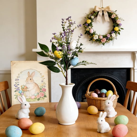 Easter Floral Stems, Spring Decorations, Artificial Branches With Egg Picks For Home And Festival, Plastic Leaves, 40cm