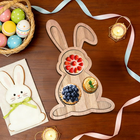 Easter Floral Themed Tray, Carrot Egg Rabbit Wooden Platter, Multifunctional Fruit Dessert Plate, Decorative Serving Tray for Home Party, Easter Celebration, Khaki, 1pc