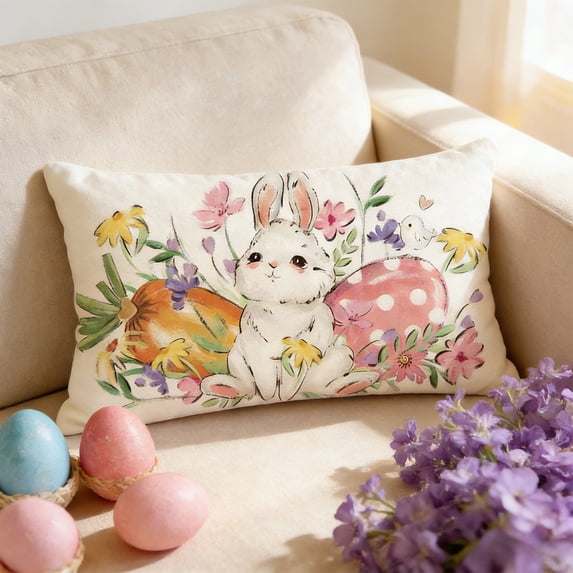 Easter Floral Tulip Garland Bunny Throw Pillow Cover, 12 x 20 Inch Spring Rabbit Holiday Cushion Case Decoration for Sofa Couch