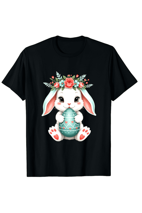 Easter Floral Wreath Rabbit Holding Blue Egg Graphic Short Sleeve T-Shirt For Women Men Adult Celebration