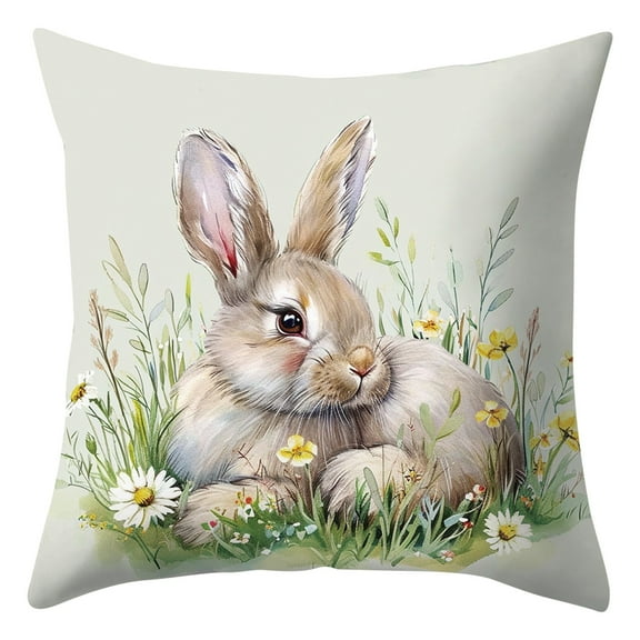Easter Flower & Bunny Linen Pillow, 18" Living Room Sofa Decoration with Spring Print