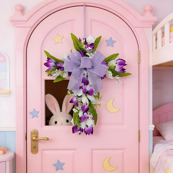 Easter Flower Cross Wreath,Spring Easter Wreaths for Front Door,Religious Cross with Tulips Door Hanging Decoration,He Is Risen Cross Wreath Signs for Lent Holy Week Home Farmhouse Porch Church