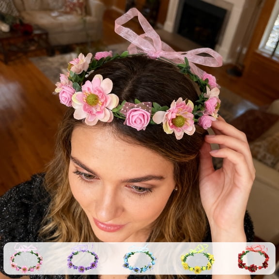 Easter Flower Crown Headband | Lifelike Artificial Roses & Green Leaves | Adjustable Ribbon, Multicolor Pink Purple Blue Yellow Red | Festive Party Wedding Hair Accessory 22cm