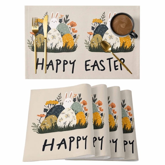 Easter Flower Egg Rabbit Placemats Set of 6,Wipeable Washable Table Mats for Dining Tables, Country Bunny Floral Plant Place Mats for Kitchen Event Party Tabletop Decor