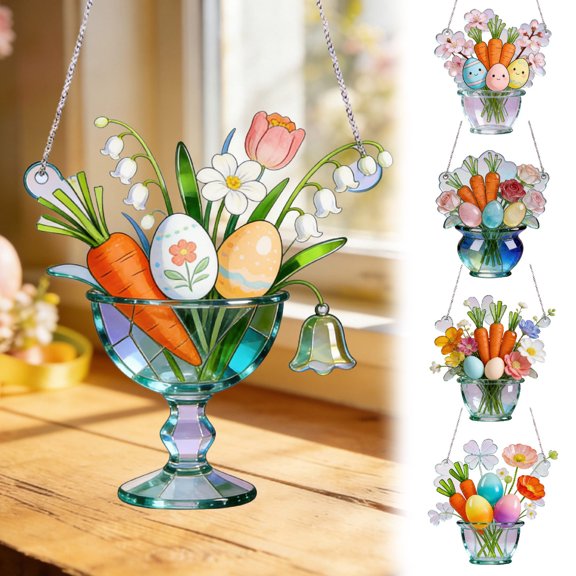 Easter Flower Egg Sea Glass Acrylic Window Hanging, Farmhouse Style Home Easter Decor Ornament, Lightweight Garden Farm Window Accent, Festive Easter Gift for Home, 7.87in, C