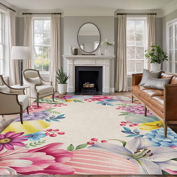 Easter Flowers Area Rugs 5'x8', Washable Small Throw Rugs for Classroom Bedroom, Eggs Spring Floral Rustic Vintage Indoor Outdoor Rug Non-Slip Low Pile Carpet Runner Reversible Floor Mats