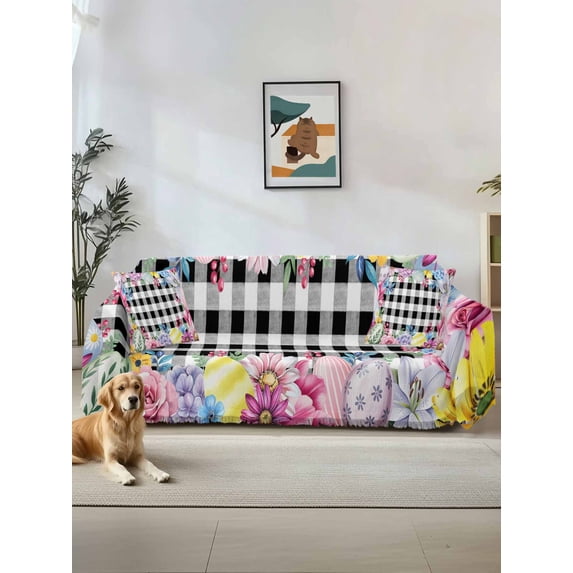 Easter Flowers Couch Cover, Watercolor Pink Purple Floral Eggs Farm Plaid Sofa Cover Blanket for 2 Seat Cushion, Sectional Sofa Slipcover Furniture Protector for Living Room Bedroom 71''x102''